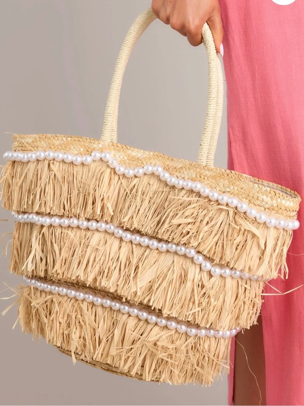 Urban Natural Straw Fringe Hobo with Pearl Strands - Picture 2 of 6